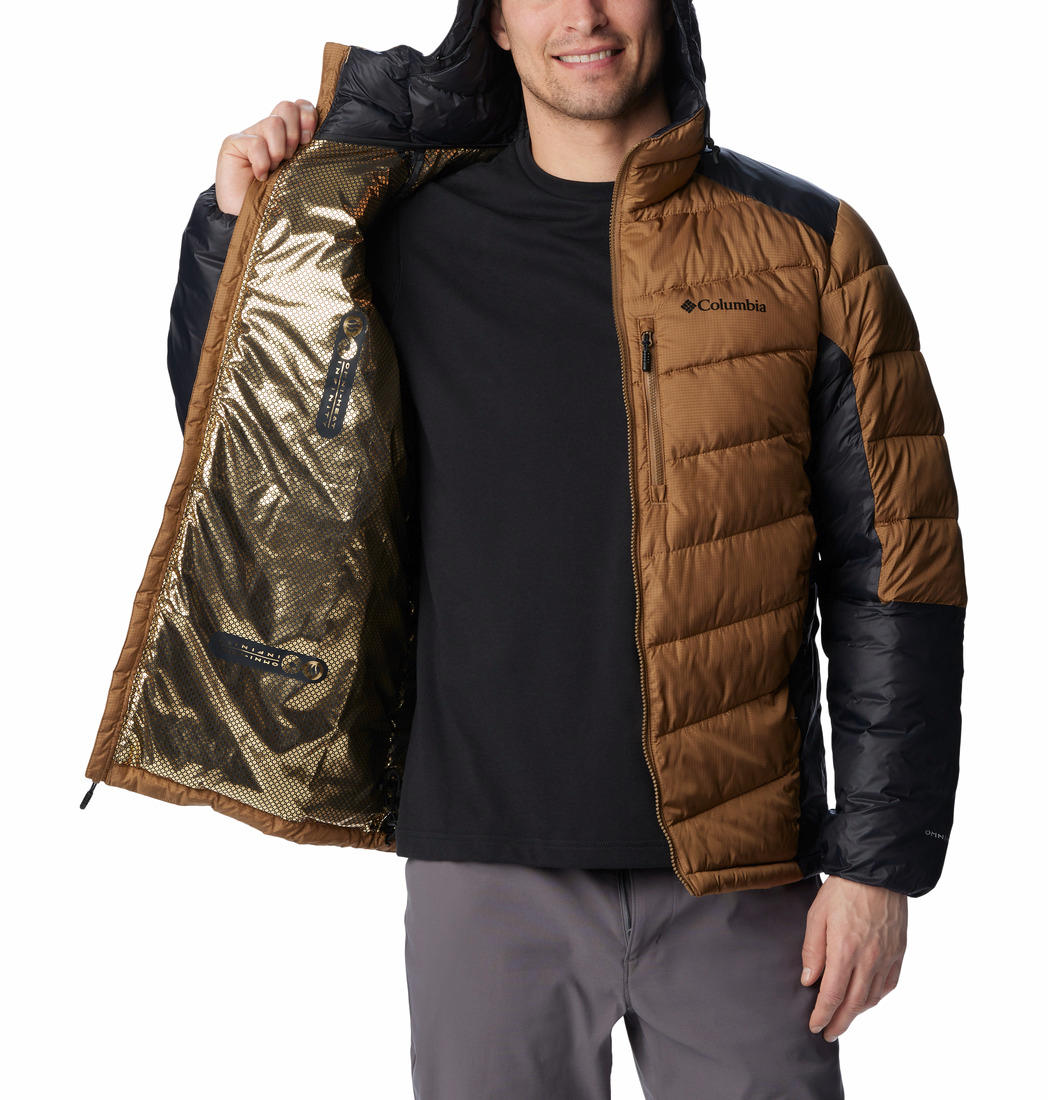 Columbia Men Brown Omni-Heat Inifnity Labyrinth Loop Hooded Down Jacket