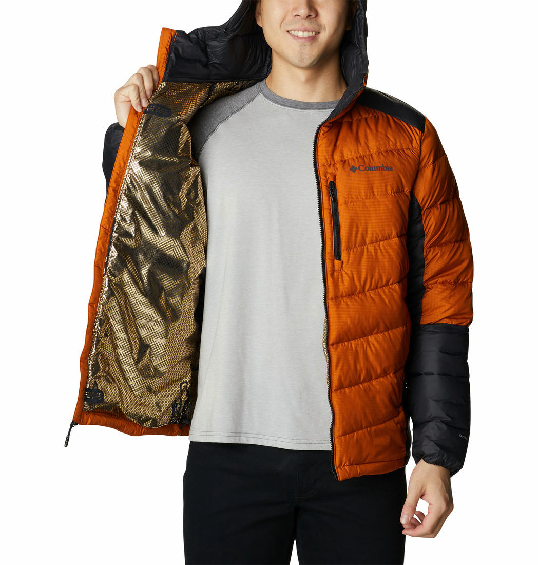 Columbia Men Orange Omni-Heat Inifnity Labyrinth Loop Hooded Down Jacket