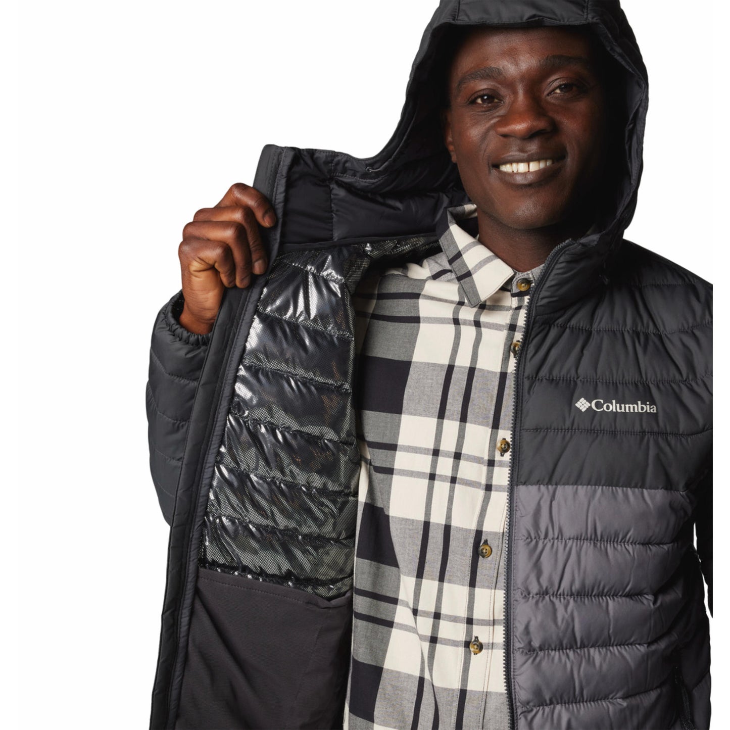 Columbia Men Grey Omni-Heat Reflective Powder Lite II Hooded Down Jacket