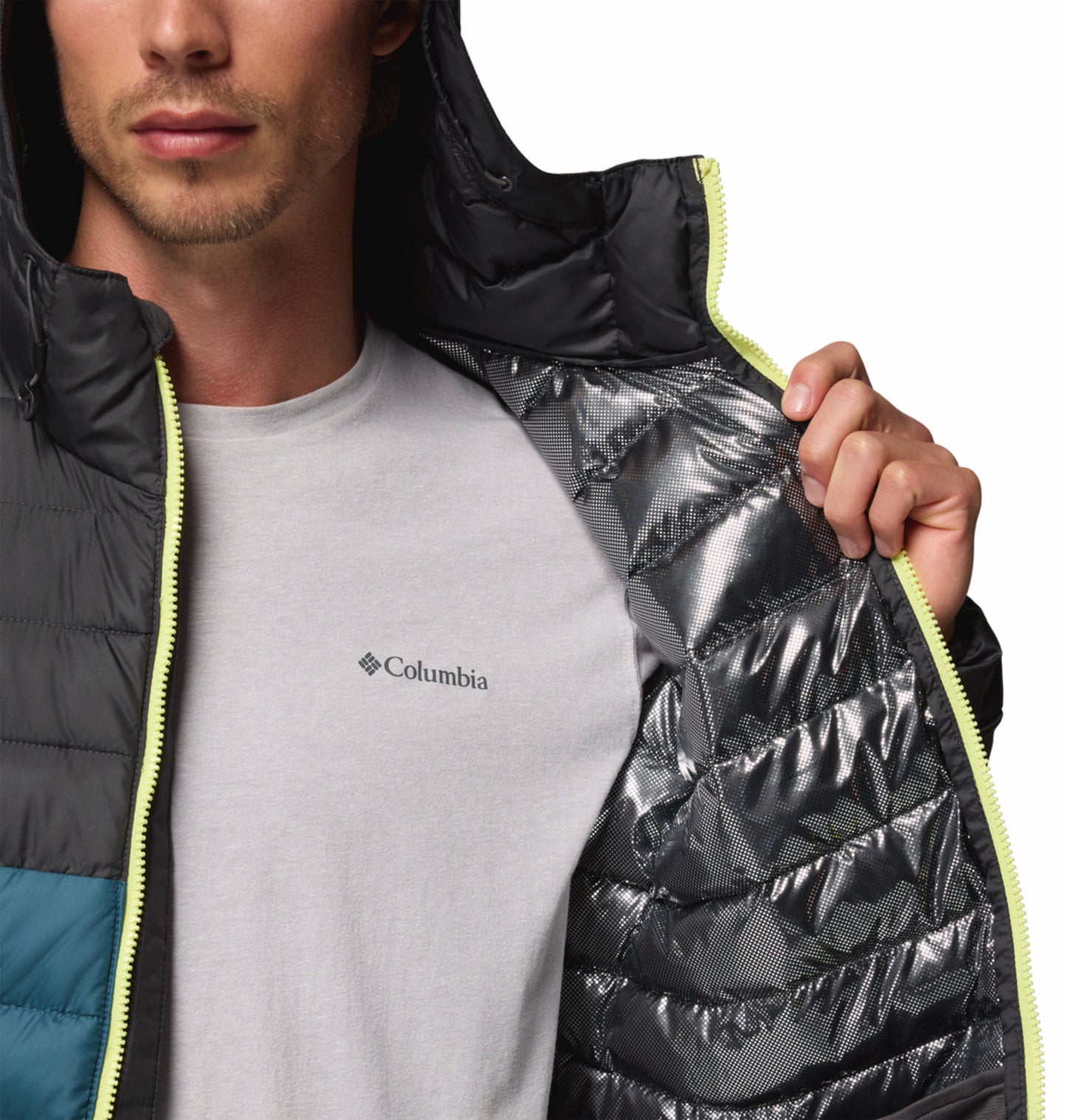 Columbia Men Blue Omni-Heat Reflective Powder Lite II Hooded Down Jacket