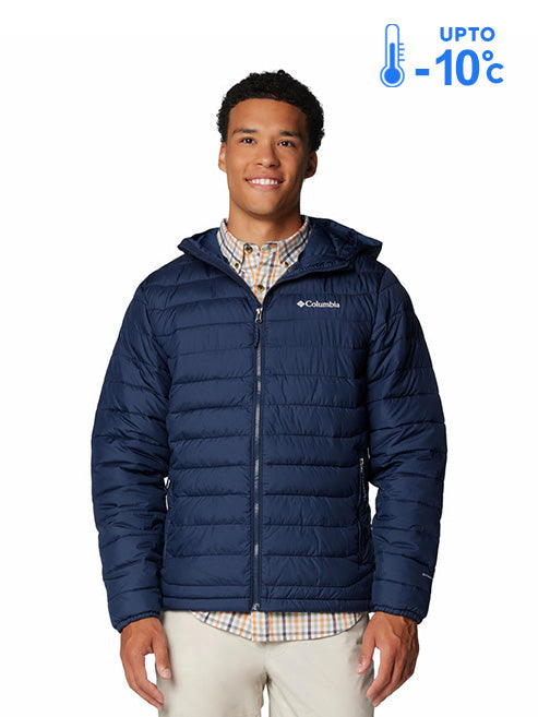 Columbia Men Navy Blue Omni-Heat Reflective Powder Lite II Hooded Down Jacket