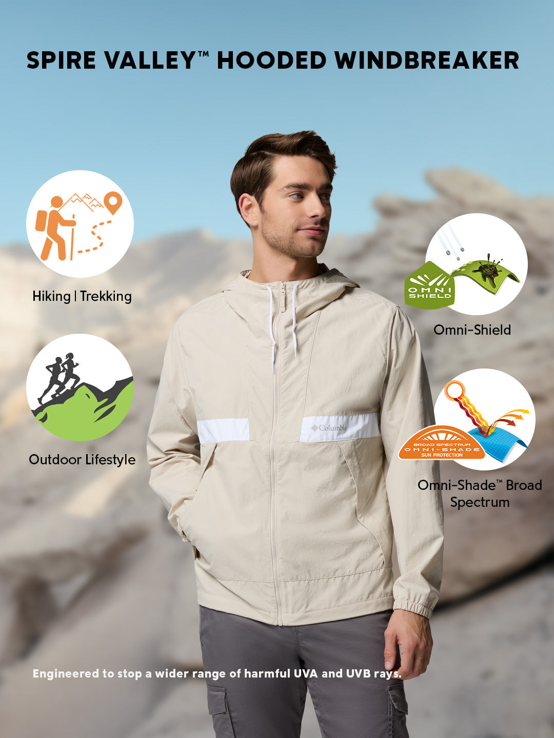 Columbia Men’s Beige Omni-Shade Spire Valley Windbreaker Jacket