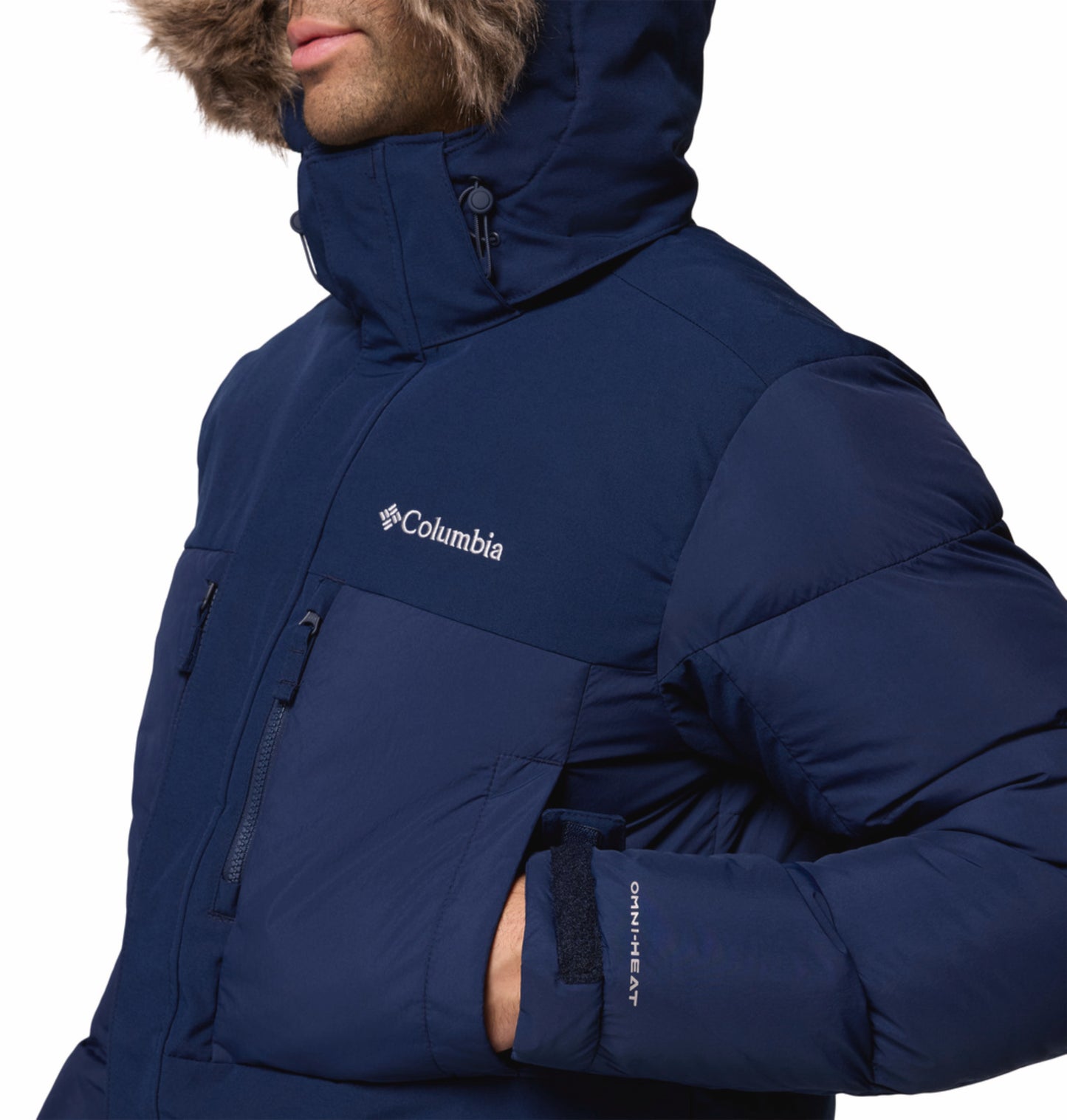Columbia Men Navy Blue Omni-Heat Inifnity Marquam Peak Fusion II Parka Hooded Down Jacket