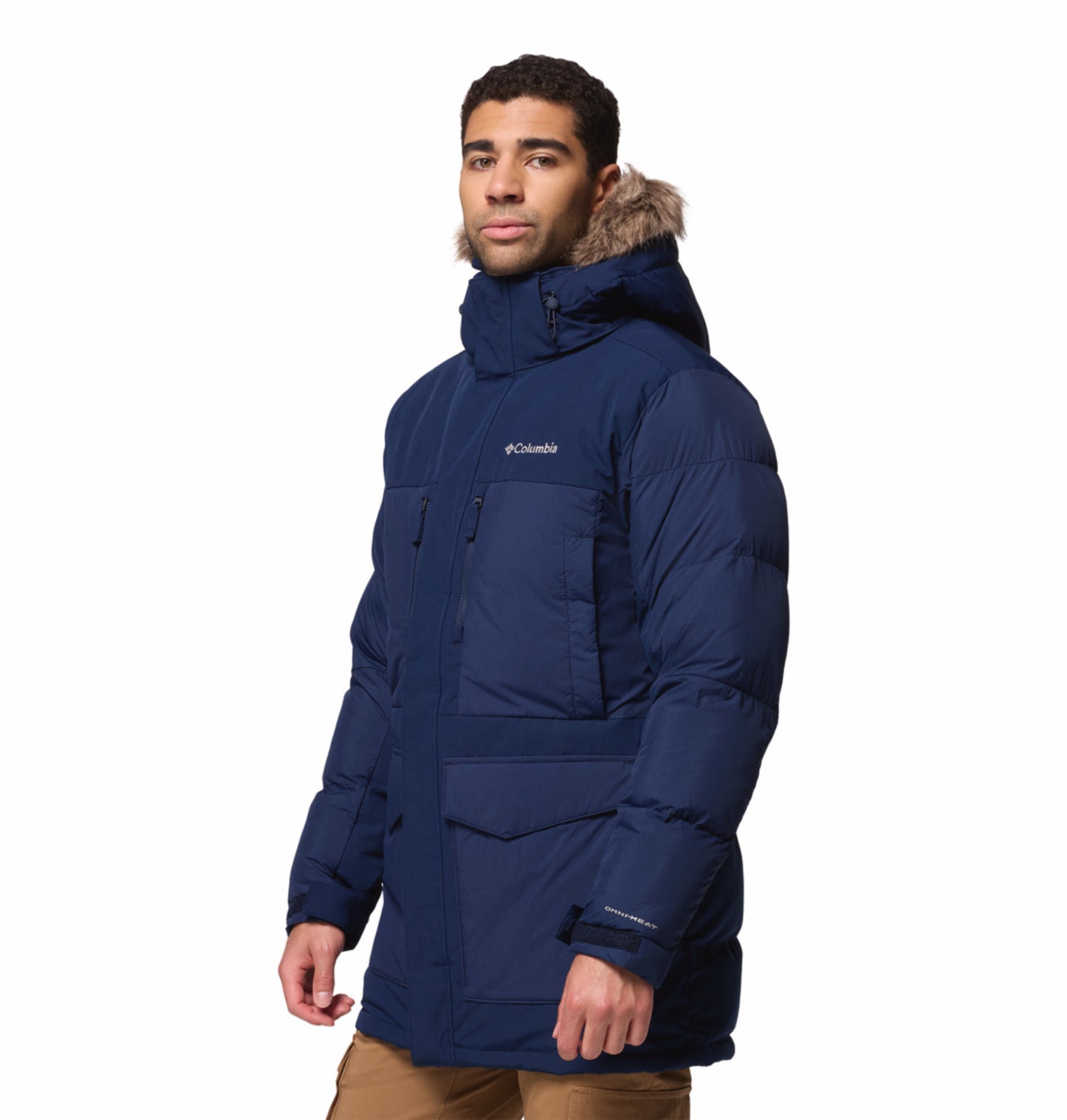 Columbia Men Navy Blue Omni-Heat Inifnity Marquam Peak Fusion II Parka Hooded Down Jacket