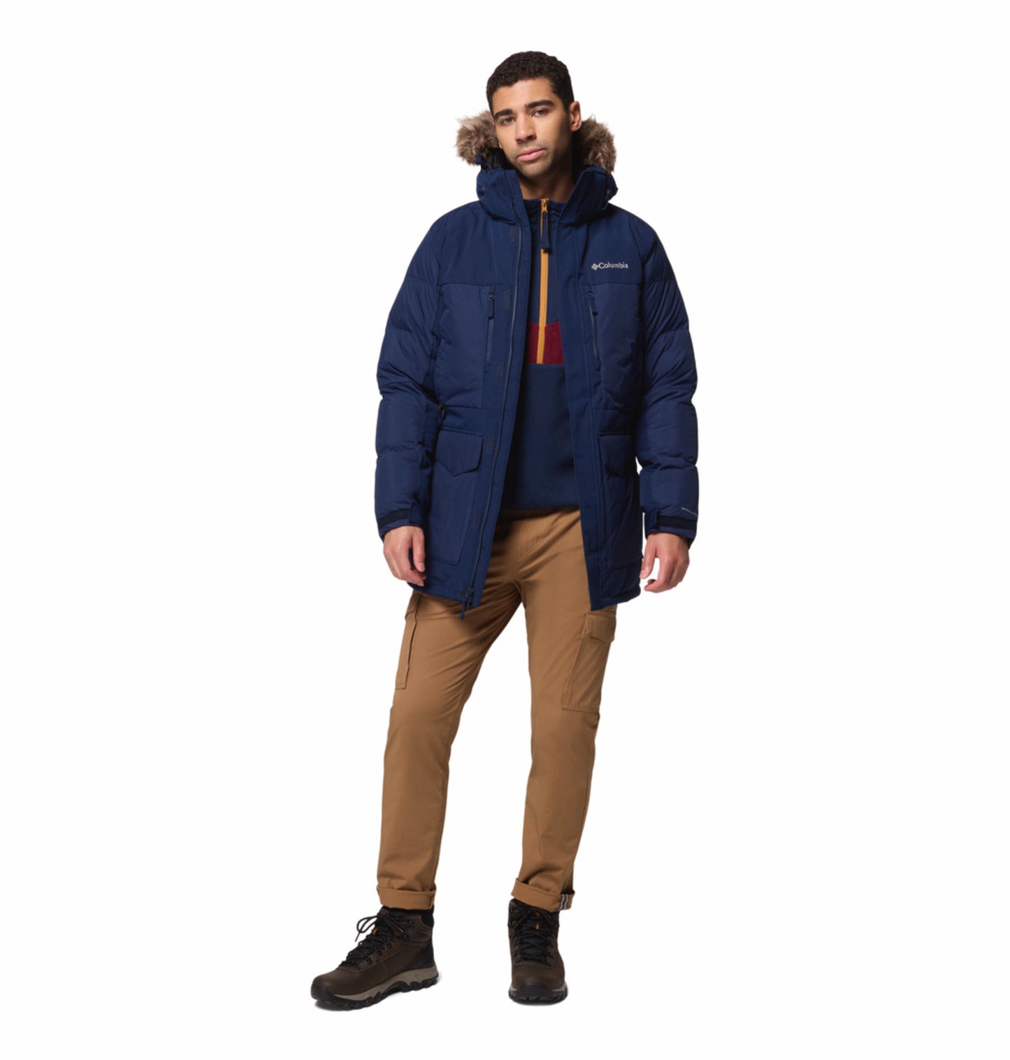 Columbia Men Navy Blue Omni-Heat Inifnity Marquam Peak Fusion II Parka Hooded Down Jacket