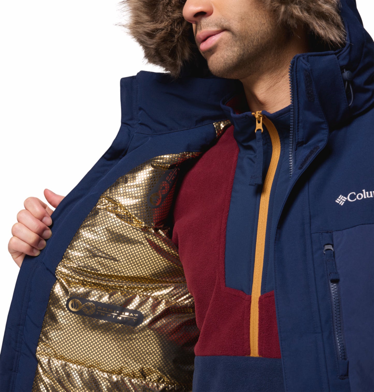 Columbia Men Navy Blue Omni-Heat Inifnity Marquam Peak Fusion II Parka Hooded Down Jacket