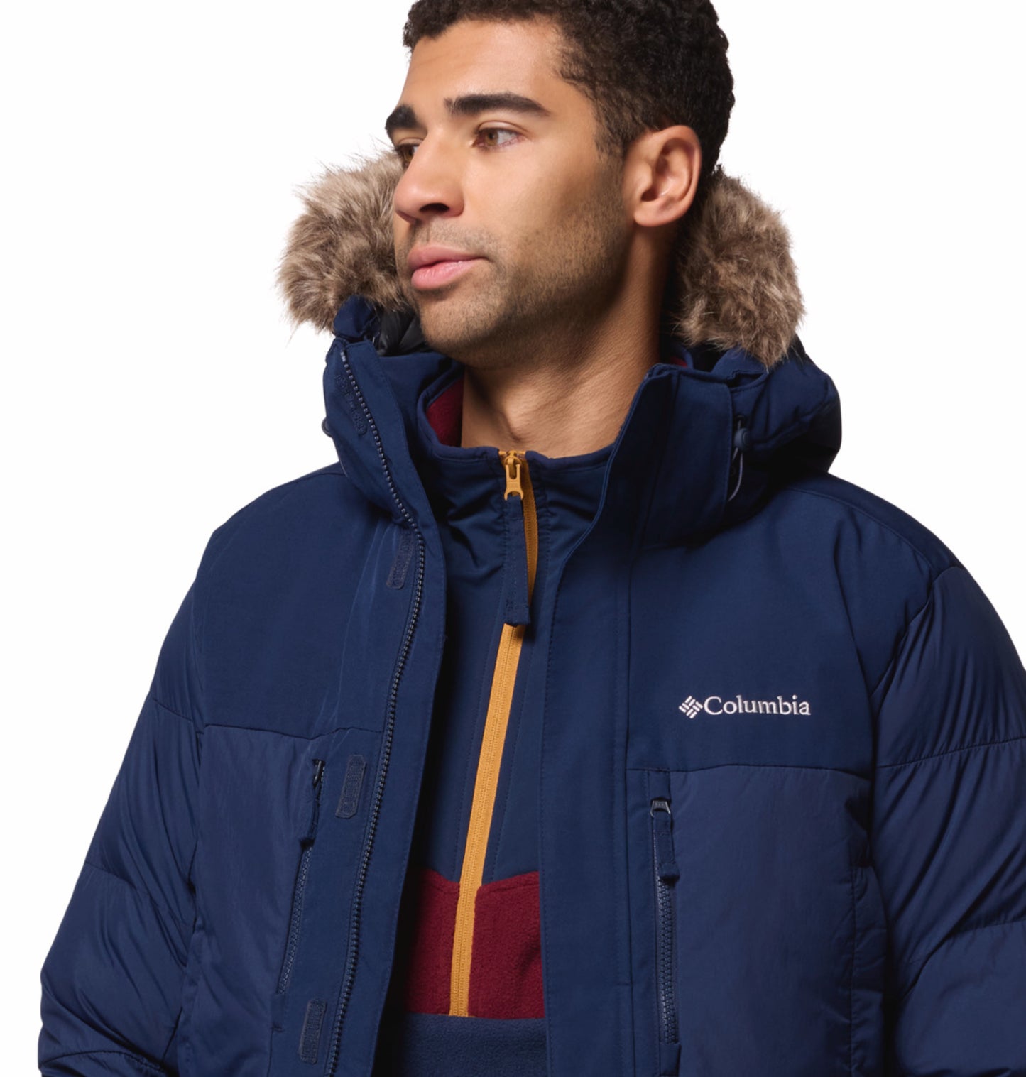 Columbia Men Navy Blue Omni-Heat Inifnity Marquam Peak Fusion II Parka Hooded Down Jacket