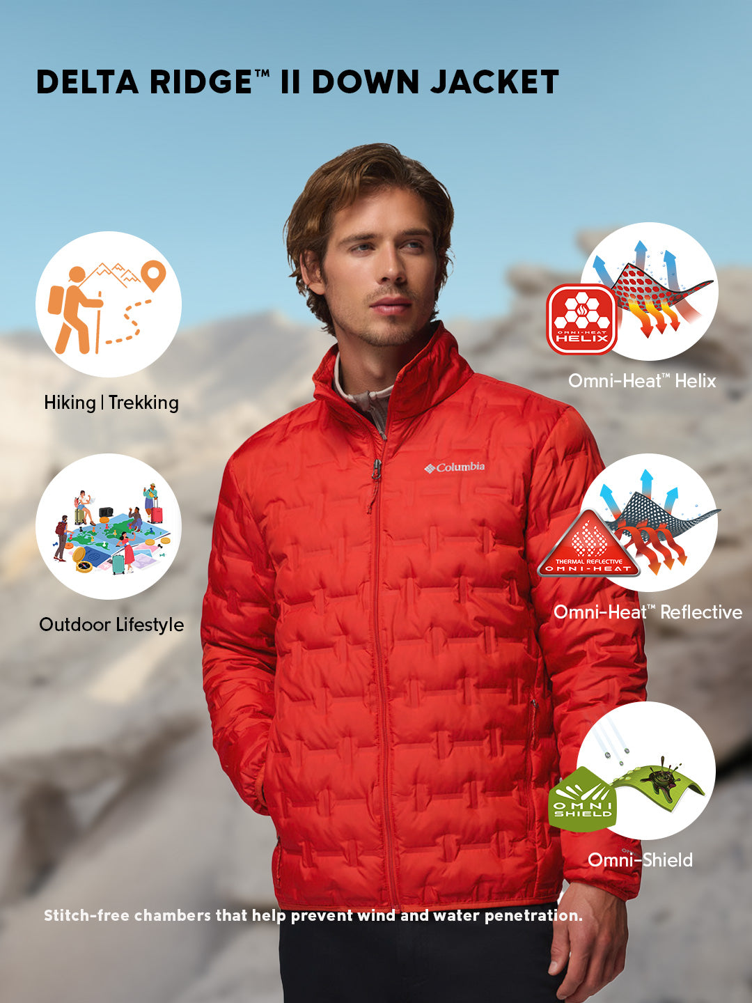 Columbia Men's Orange Heat Seal Delta Ridge II Wind-Resistant Down Jacket
