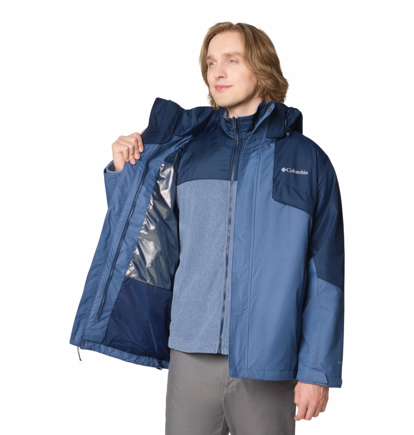 Columbia Men Navy Blue Omni-Heat Reflective Bugaboo III Fleece Hooded Interchange Jacket