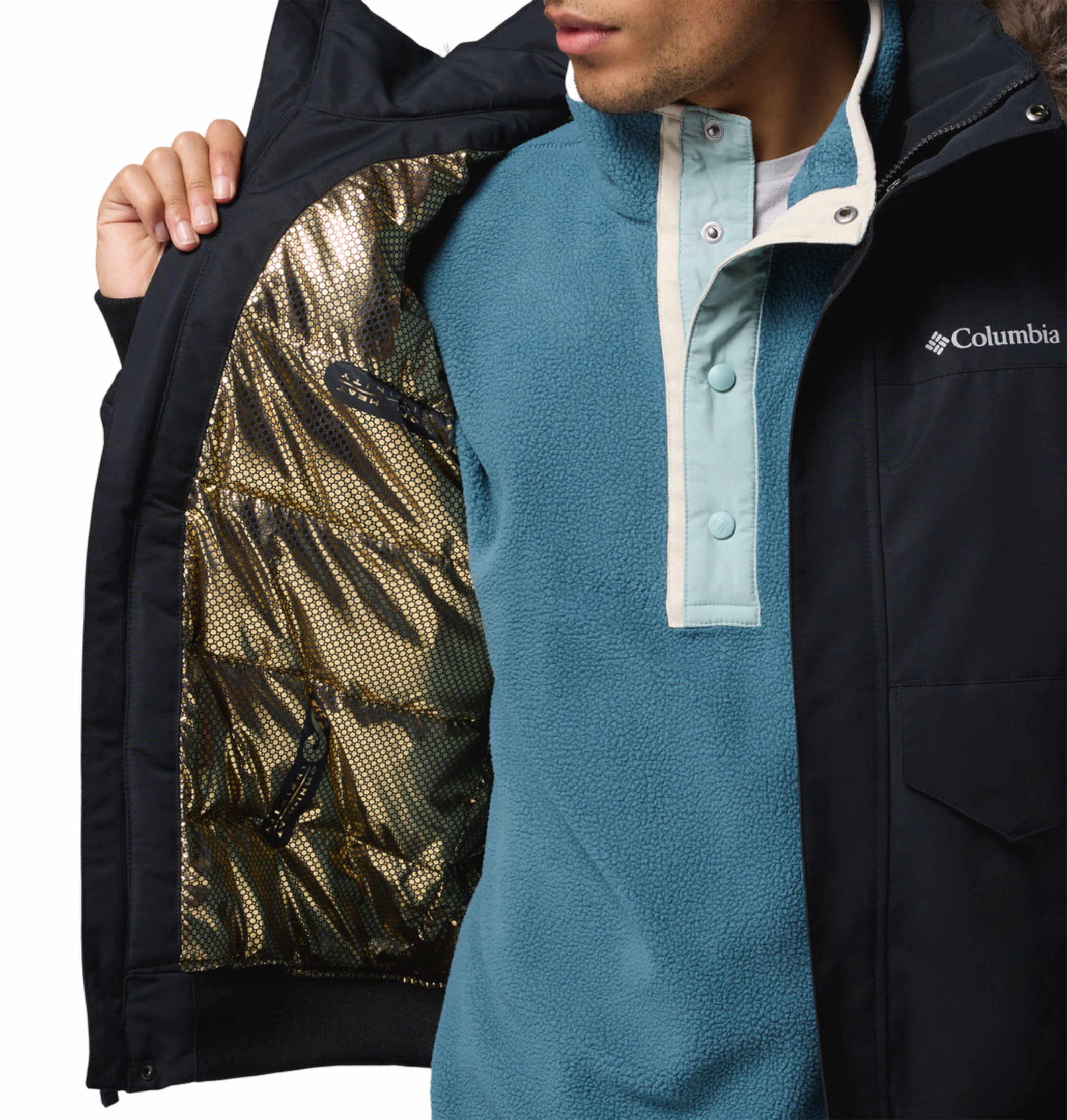 Columbia Men Black OmniHeat Infinity Cape Ridge Bomber Down Jacket