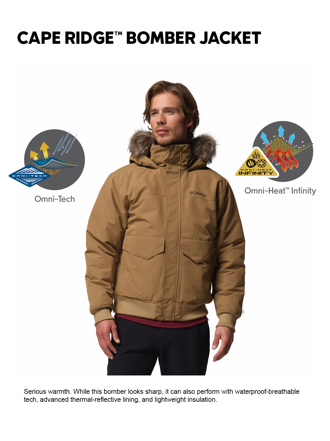 Columbia Men Brown OmniHeat Infinity Cape Ridge Bomber Down Jacket
