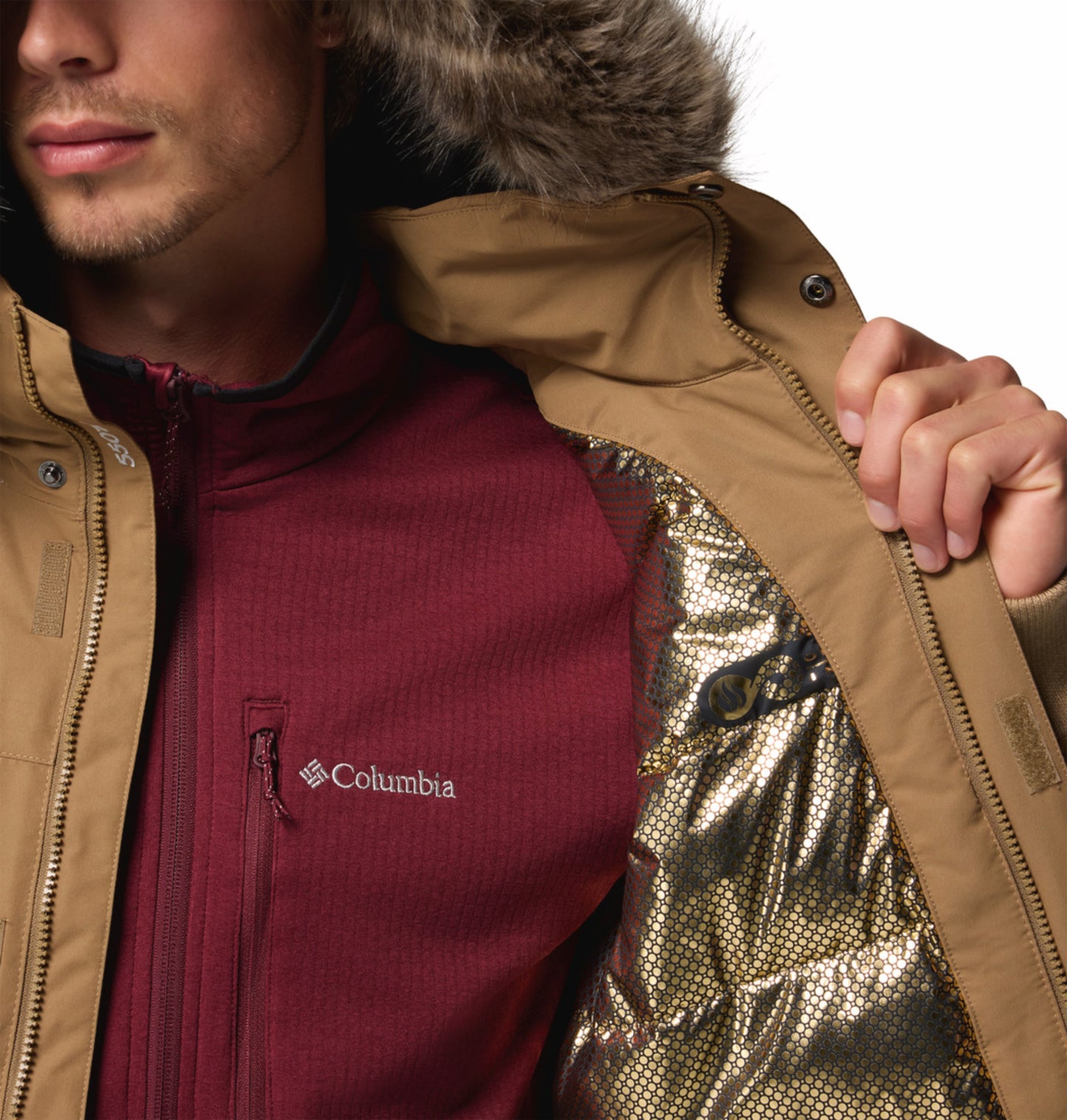 Columbia Men Brown Omni-Heat Inifnity Cape Ridge Hooded Bomber Jacket