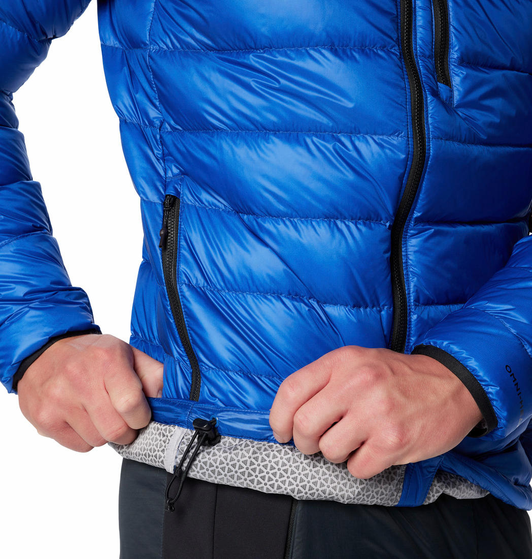 A Men Wearing Columbia Men Blue Arctic Crest Down Hooded Jacket