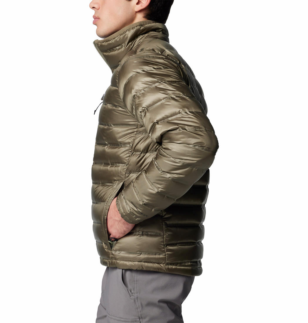 A Men Wearing Columbia Men Green Pebble Peak II Down Jacket