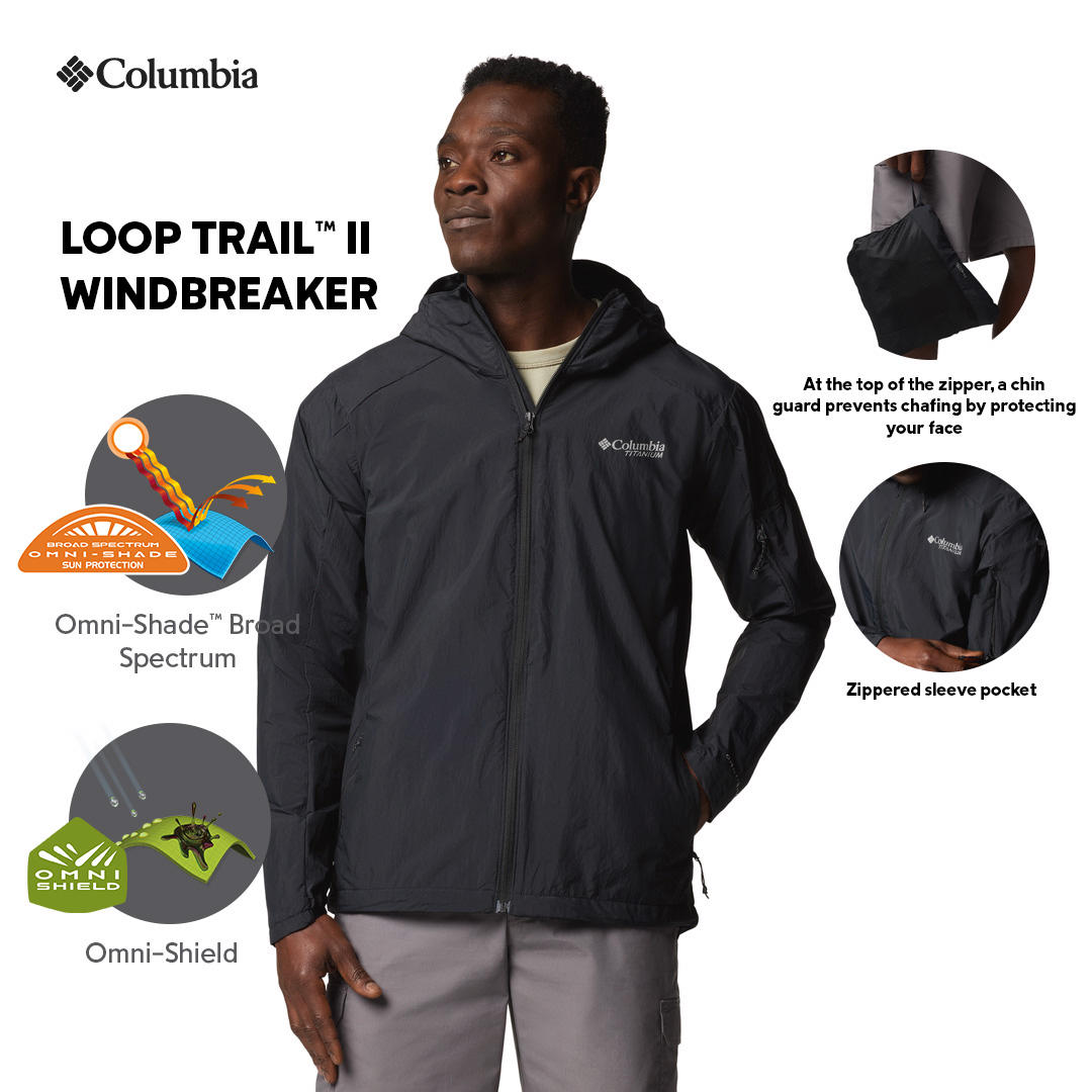 A Men Wearing Columbia Men Black Loop Trail II Windbreaker (Sun Protection)