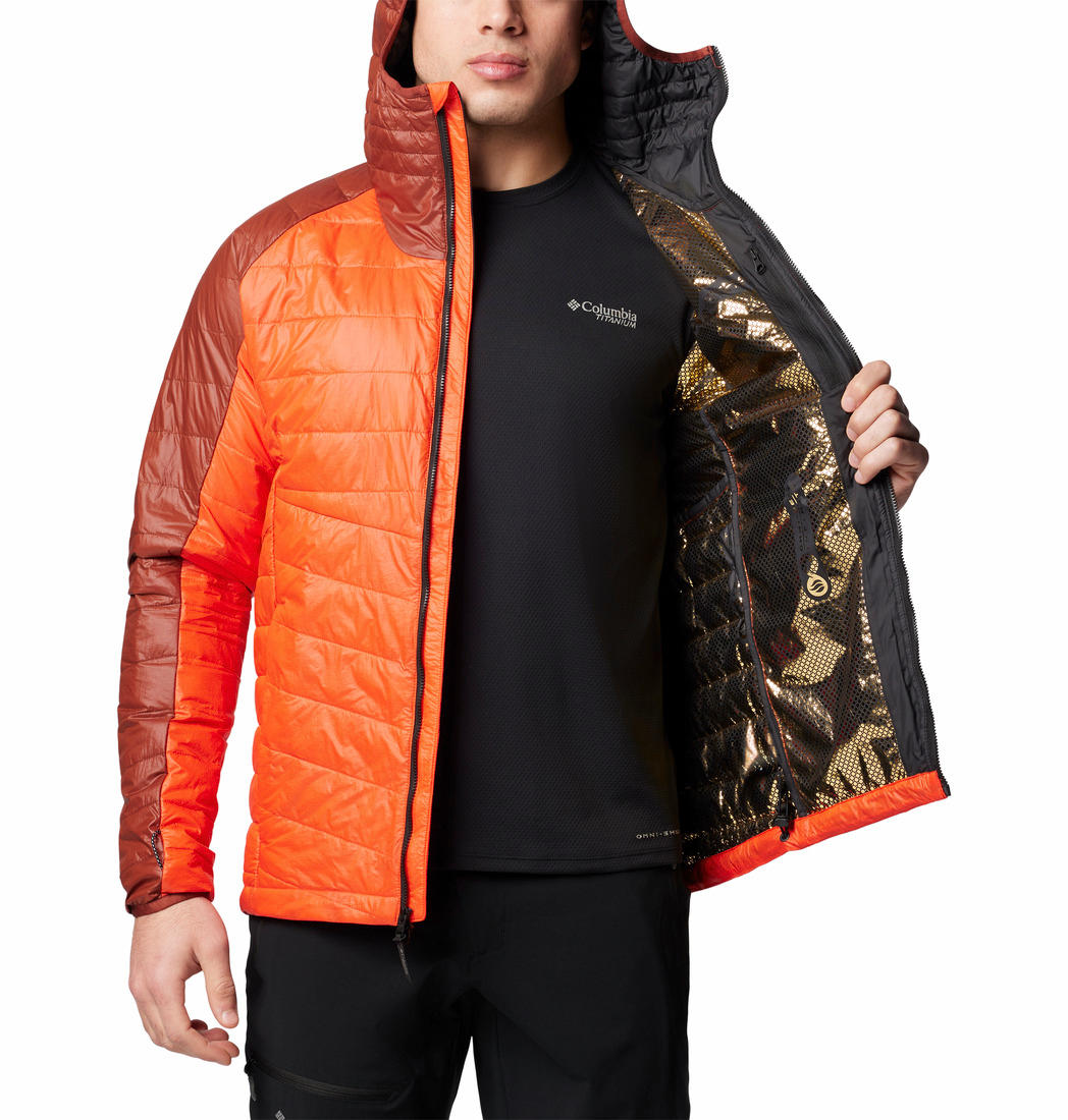 A Men Wearing Columbia Men Orange Platinum Peak II Hooded Jacket