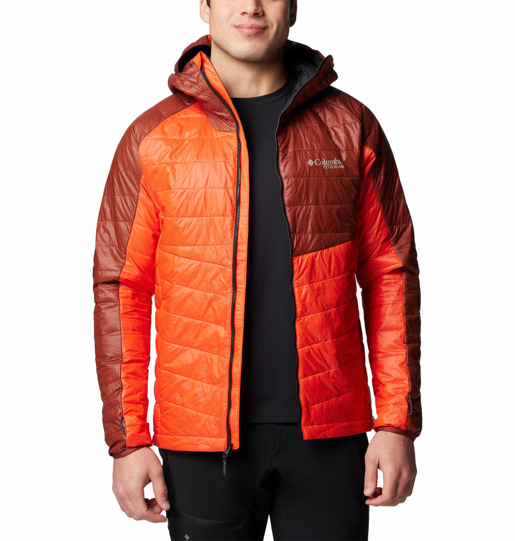 A Men Wearing Columbia Men Orange Platinum Peak II Hooded Jacket
