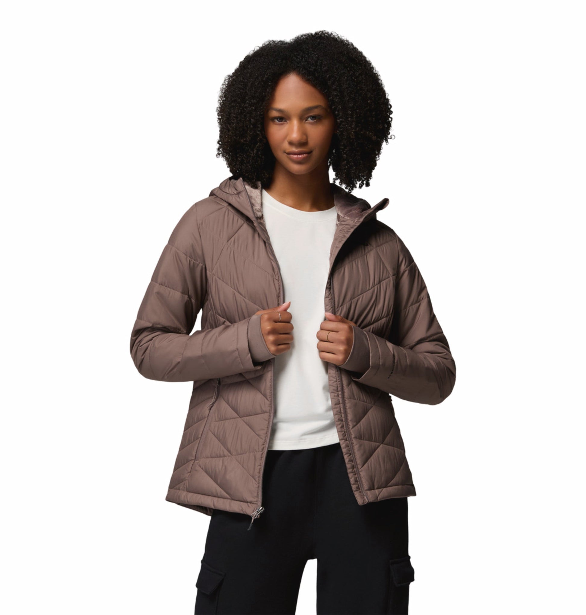 women brown omni heat reflective heavenly down jacket