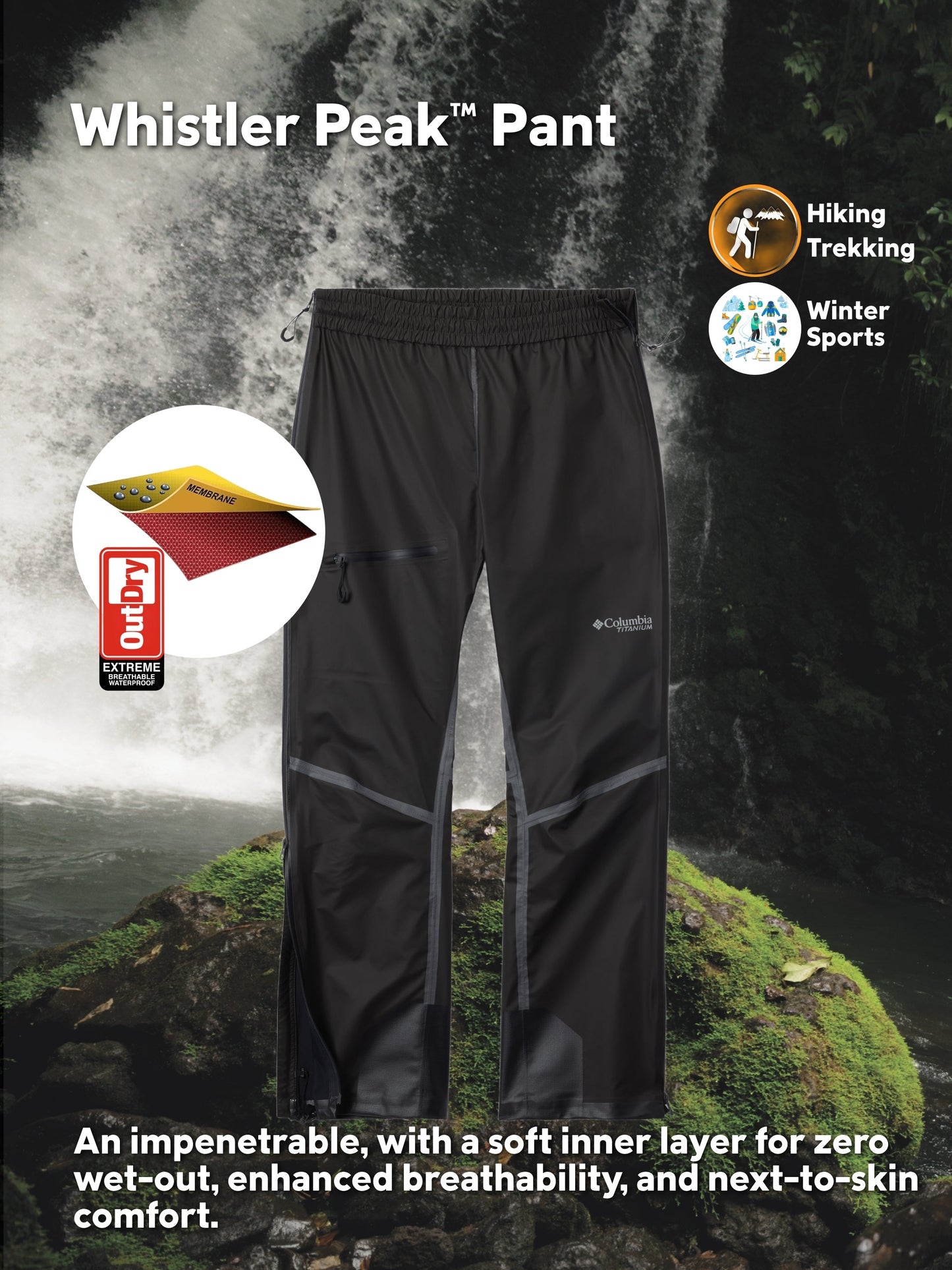 Columbia Men’s Black OutDry Whistler Peak Rain Pant - Durable & Comfortable