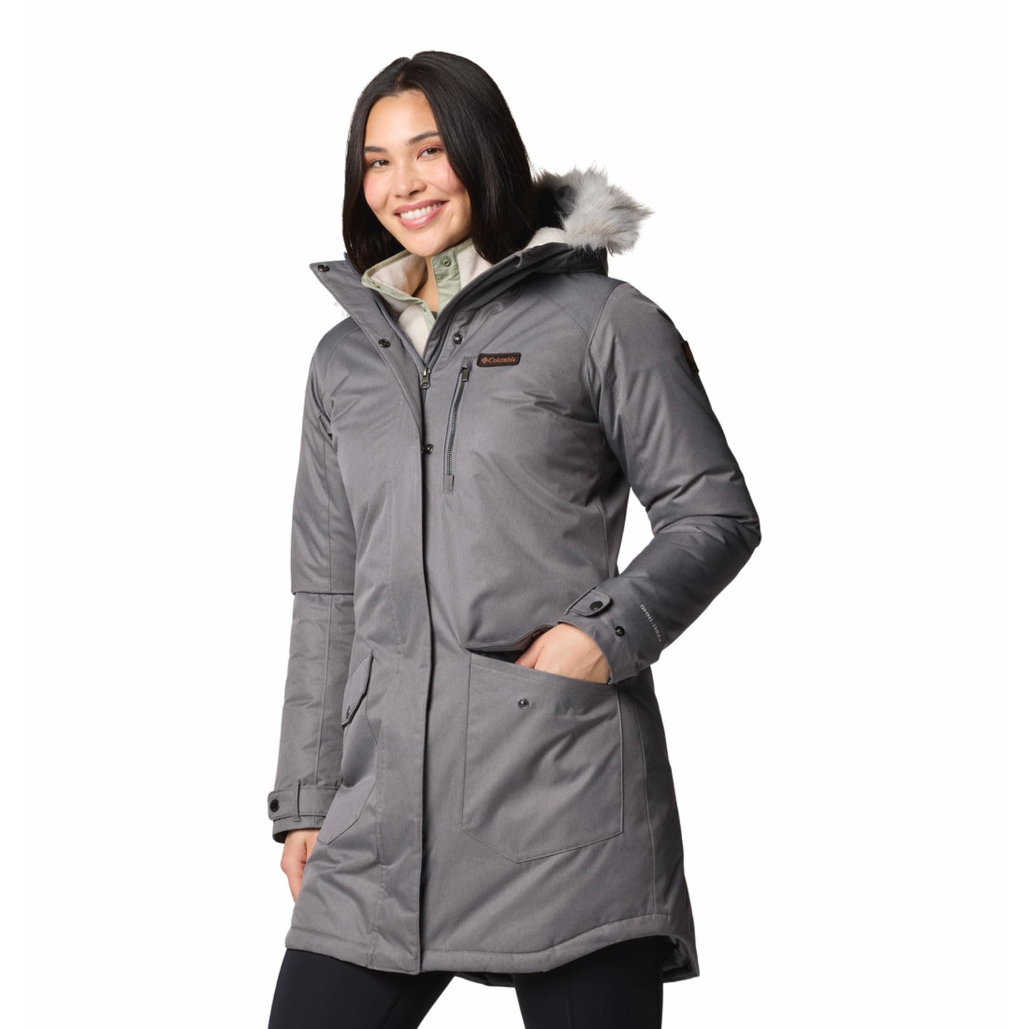 Columbia Women Grey Omni-Heat Reflective Suttle Mountain Long Hooded Down Jacket