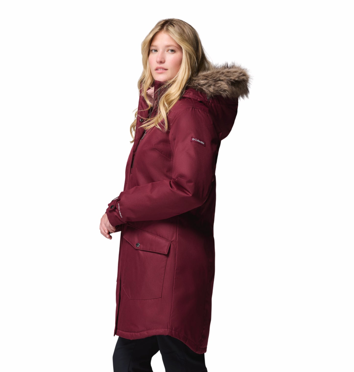 Columbia Women Red Omni-Heat Reflective Suttle Mountain Long Hooded Down Jacket
