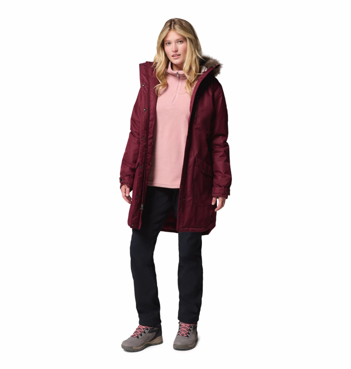 Columbia Women Red Omni-Heat Reflective Suttle Mountain Long Hooded Down Jacket