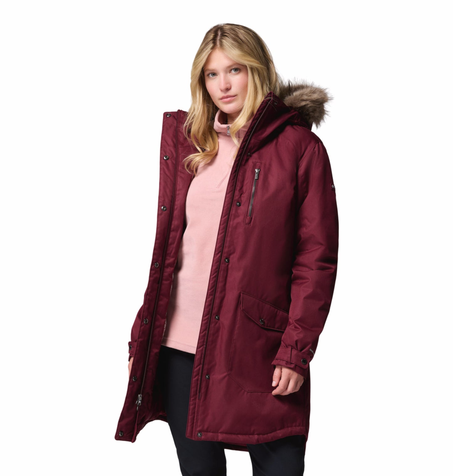 Columbia Women Red Omni-Heat Reflective Suttle Mountain Long Hooded Down Jacket