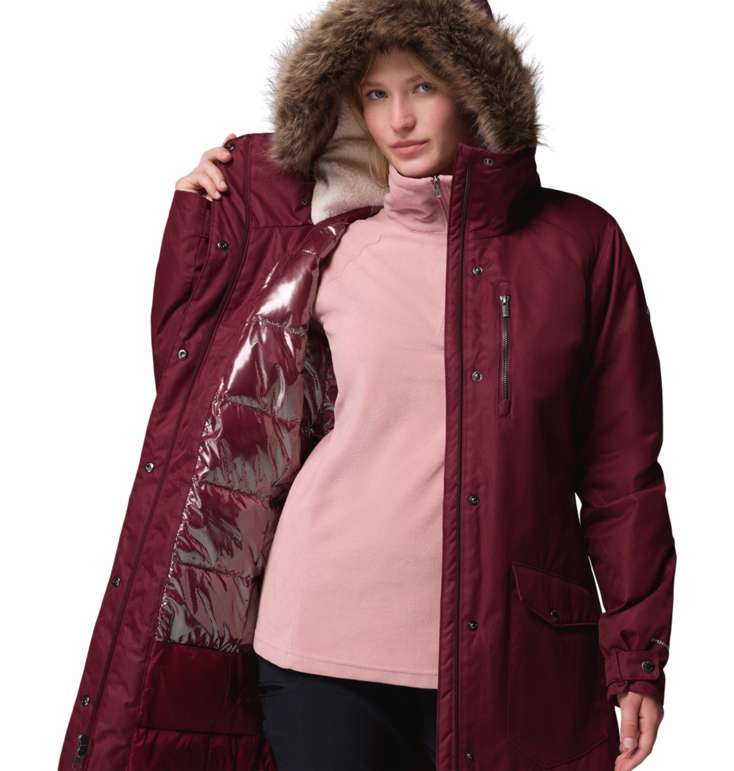 Columbia Women Red Omni-Heat Reflective Suttle Mountain Long Hooded Down Jacket