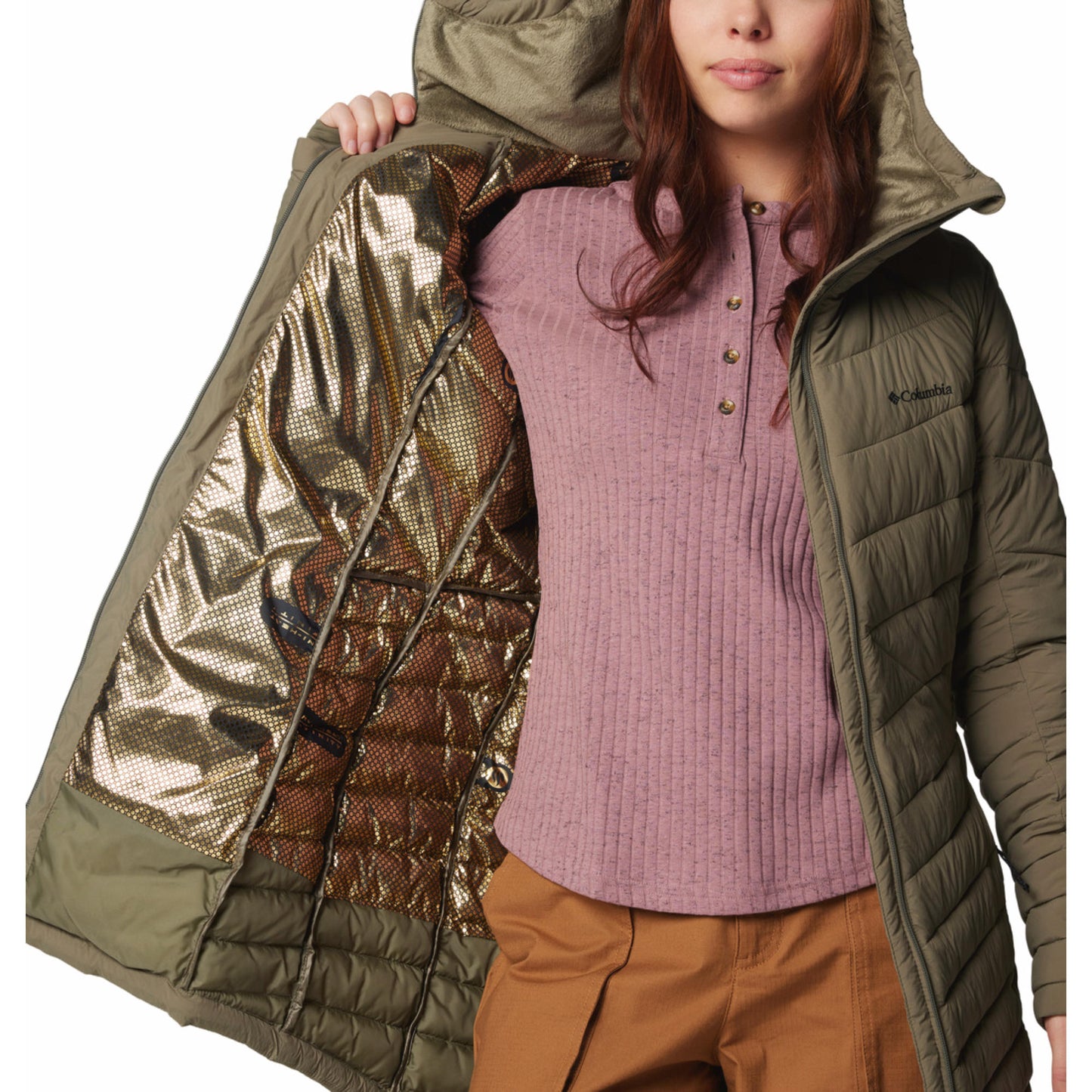 Columbia Women Green Omni-Heat Inifnity Joy Peak II Mid Hooded Down Jacket