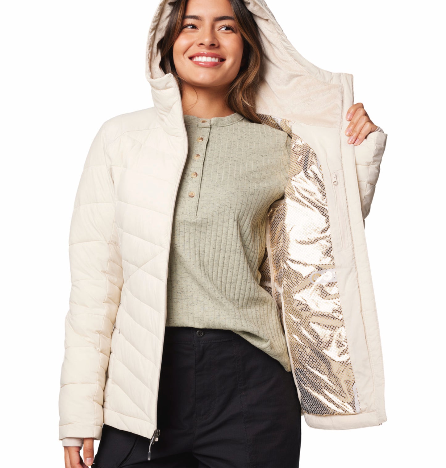 Columbia Women Beige Omni-Heat Inifnity Joy Peak II Hooded Down Jacket