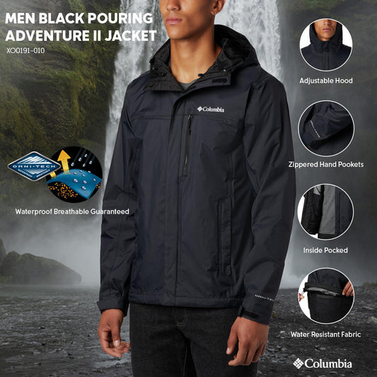 Columbia Men Black Pouring Adventure II Rain Jacket